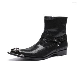 Boots Christia Bella Buckle Solid Men Shoes Genuine Leather Fashion Metal Pointed Toe Large Size Zipper Short