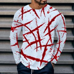 Men's T Shirts Halloween Red Printed Shirt Long Sleeve Crew Neck Top Retro Style Fitness