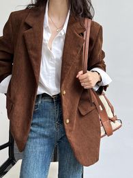 Women's Suits Women Vintage Metal Buckle Corduroy Blazer Coat Autumn Ladies Loose Brown Beige Ribbed Cotton Suit Jacket