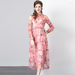 Casual Dresses Luxury Elegant Autumn Ruched Pink Flower Mesh Holiday Maxi Dress French Women O Neck Ruffles Printed High Waist Long Vestidos