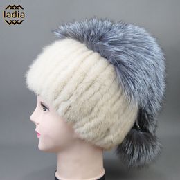 Wide Brim Hats Bucket Winter Female Real Natural Mink Fur Hat For Women Thicken Silver Warm Casual High Quality Girl Knitted Bobble 231005