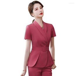 Women's Two Piece Pants 2 Set Women Summer Short Sleeve Double Breasted Belt Blazer Jacket And Pant Suits Office Work Formal Sets Outfits