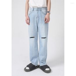 Men's Jeans 2023 Summer Mid-waist Washed Ripped Straight Light Blue Casual Pants