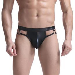 Men's G-Strings Summer mens underwear appeal underwear men PU patent leather briefs sexy open crotch exposed PP hollow metal 305e