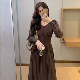 Party Dresses 2023women's Winter Dress With V Neckline Long Sleeve Pleated Knitting Elegant Fashion Lady Solid Colour Autumn