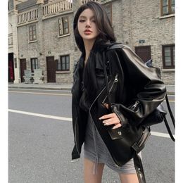 Women's Jackets 2023 For Women Leather Coat Loose Small Ruffian Motorcycle Top Black