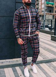 Men's Tracksuits New Zipper Set Colorful Plaid Men Casual Autumn Tracksuit Set Male Sweatshirt Pocket Fashion Jackets Men Tracksuit Sets Mens set x0907