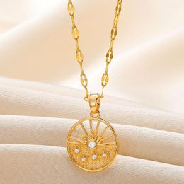 Chains Retro Sun Rays Pendant Round Necklace For Women Gold Color Stainless Steel Trend Party Jewelry Gift