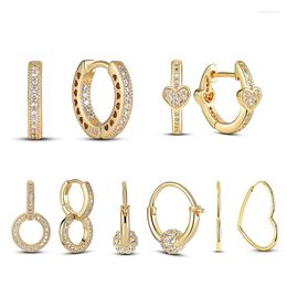 Hoop Earrings Silver 925 Golden Circle Shiny Zircon Gold Colour Heart Sterling Original Jewellery For Women
