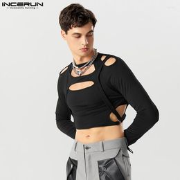 Men's T Shirts INCERUN Men Irregular Shirt Hollow Out Solid Colour O-neck Long Sleeve Crop Tops Streetwear 2023 Fashion Casual Camisetas