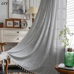 Curtain American Cotton Linen Plaid Curtains For Living Room Semi Blackout Bedroom Drapes Cabinet Farmhouse Tassel Decorative Valance