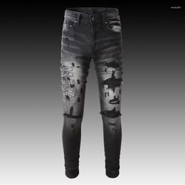 Men's Jeans Streetwear Fashion Men Black Gray Elastic Destroyed Slim Ripped Embroidery Patched Designer Brand Hip Hop Pants