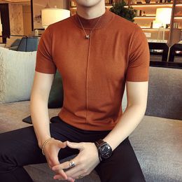 Men's Sweaters 7 Colours Half High Collar Men T-shirt Spring Short Sleeve Solid Colour Sweater Pullover T Shirt Slim Knitted Tees Top 230907