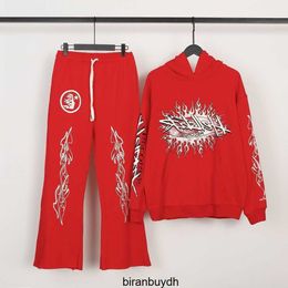 Hellstar Red Flare Retro Printed Men's and Women's Hooded Sweaters Casual Pants Set Trend