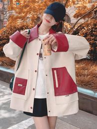 Women's Leather LANMREM Korean Style PU Jackets Women Lapel Contrast Colour Spliced Single Breasted Coat Fashion 2023 Autumn 22274