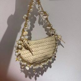 Evening Bags Weave Straw Shoulder Bags For Women Beach Bags Conch Pearls Fashion Star Shells Underarm Bags Ladies Casual Sea Vacation Zipper 230906