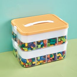 Storage Boxes Bins 2 Layer Kids Building Blocks Box Adjustable LegoCompatible Container Plastic with Handle Grid Toy Organiser 230907