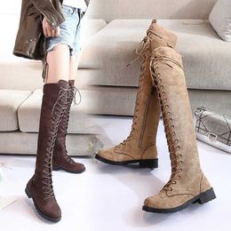 Lace Up Knee Boots Round Toe Low Heel Side Zipper Large Length 43 Size Women's 230830