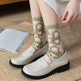 Women Socks Summer Thin Glass Fiber. Crystal Stockings Trendy Retro Floral Long Tube Card