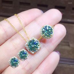 Necklace Earrings Set Luxury Green Blue Artificial Moissanite Diamond For Women Wedding Gold Colour Rings Stud Pendant Necklaces