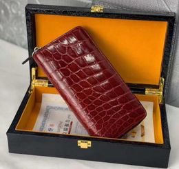 Wallets High Glossy Shinny Genuine Crocodile Belly Skin Wallet Clutch With Inner Cow Lining Burgundy Color Long Zipper Purse