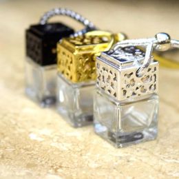 Cube Hollow Car Perfume Bottle Rearview Ornament Hanging Air Freshener For Essential Oils Diffuser Fragrance Empty Glass Bottle Pendant ZZ