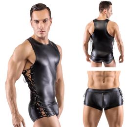 Underpants Men Sexy Black Underwear Sleeveless Tank Tops Sets Shorts Cosplay Costume Front Open Zipper Pants Erotic Lingerie Gay Hollow 230906
