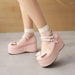 Dress Shoes Sweet Thick Bottom Wedges Princess Pumps Bow Double Buckles Lolita Style Party Mary Janes Women Autumn 2023