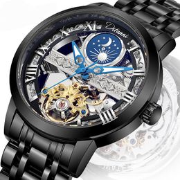 Wristwatches Tourbillon Moon Phase Wristwatch Luxury Hollow 3ATM Waterproof Stainless Steel Men Automatic Mechanical Watches Relojes Hombre