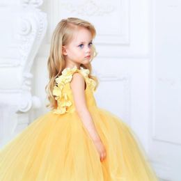 Girl Dresses Yellow Fluffy Tulle Long Decal Flower Dress Wedding Shiny Little Children's Birthday Ball Sacrament