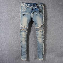 Men's Jeans Vintage Washed Denim Fringe Biker For Moto Fashion Slim Fit Straight Patchwork Pants Big And Tall Trousers2510