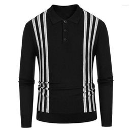 Men's Sweaters Men Striped Knitted Breathable Pullovers Turn-down Collar Soft Slim Sweater Top Green Retro Casual Simple Mens Clothing