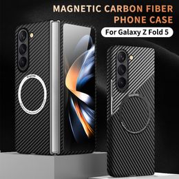 Luxury Magnetic Carbon Fibre Vogue Phone Case for Samsung Galaxy Z Folding Fold5 5G Full Protective Soft Bumper Hit Colour Fold Shell Supporting Wireless Charging