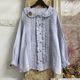 Women's Blouses 2023 Sen Series Pleated Lace Doll Collar Pure Cotton Long Sleeve Loose Yarn Shirt