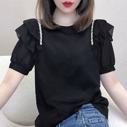 Women's T Shirts European Shirt 2023 Summer Casual Ruffle Edge Short Sleeve Heavy Duty Studded Round Neck Black Slim T-shirt For Women Tops