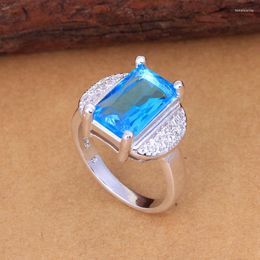Cluster Rings Wedding For Girlfriend Fine Jewellery Silver Color Jewelry Sqaure Blue Cz Crystal Luxury Distribution