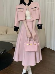 Work Dresses Spring Korean OL Two Piece Set Women Temperament Contrast Color Small Fragrance Blazer Coat Crop Top Long Skirt Suits