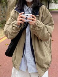 Deeptown Harajuku Vintage Windbreaker Khaki Bomber Jackets Women Korean Streetwear Hip Hop Oversize Zipper Coat Loose Kpop Tops