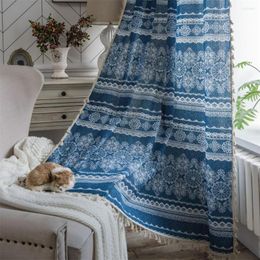 Curtain Cotton Linen Printing Denim Tassel Bohemian Style Bedroom Living Room Kitchen Curtains Country Finished Window