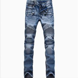 Men Fashion Ripped Biker Jeans man Distressed Moto Denim Joggers Washed Pleated motorcycle Jeans Pants Black Blue265f