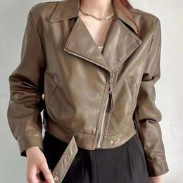 Women's Leather Coat 2023 Lapel Zipper High-end Feel Casual Small Figure Retro Short Motorcycle Suit PU Jacket