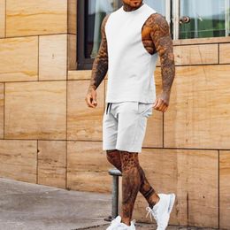 Men's Tracksuits Cotton Fashion Men Clothing Sets Casual Thin Pants Sleeveless Top Solid Colour Shoulder Shorts 2pcs Set Tracksuit Gym