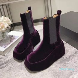 2023-Autumn Velvet Ankle Boots Women's Bling Suede Platform Chelsea Boots Round Toe Thick Sole Elastic Band Banquet Short Boots