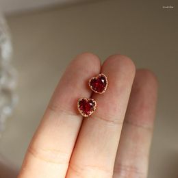 Stud Earrings 925 Sterling Silver Love Heart For Women 14K Gold Plated Red Zircon Fashion Luxury Vintage Design Trendy Jewellery