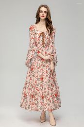 Casual Dresses Fashion Runway Summer Elegant Women's Ball Gown Flare Sleeve Bow-frenulum Ruffles Floral Print Long