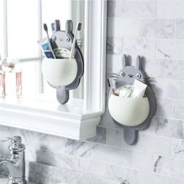 Home Bathroom Cute Totoro Multifunctional Plastic Toothbrush Holder with Suction Cup Wall Mount Holder