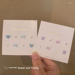 Stud Earrings Colour Girl Heart Bow Set Combination S925 Cute INS Small Fresh And Simple Fashion Pearl Female Tide