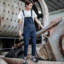 2020 New Men's Harajuku Denim Overalls Men's Korean Version of the Self-cultivation feet Stretch jeans Strap Blue Trouse305m