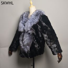 Womens Fur Faux Fur Real Genuine Natural Mink Fur Coat With Fox Fur Collar Womens Fashion Knit Jacket Cape Lady Winter Real Mink Fur coat 230906