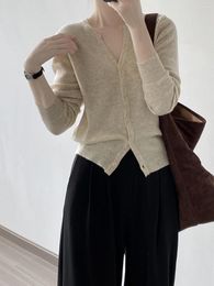 Women's Knits Solid Color Slim V-neck Side-button Long Sleeve Knitted Cardigan For Women 2023 Autumn Design Knit Top Short Knitwear